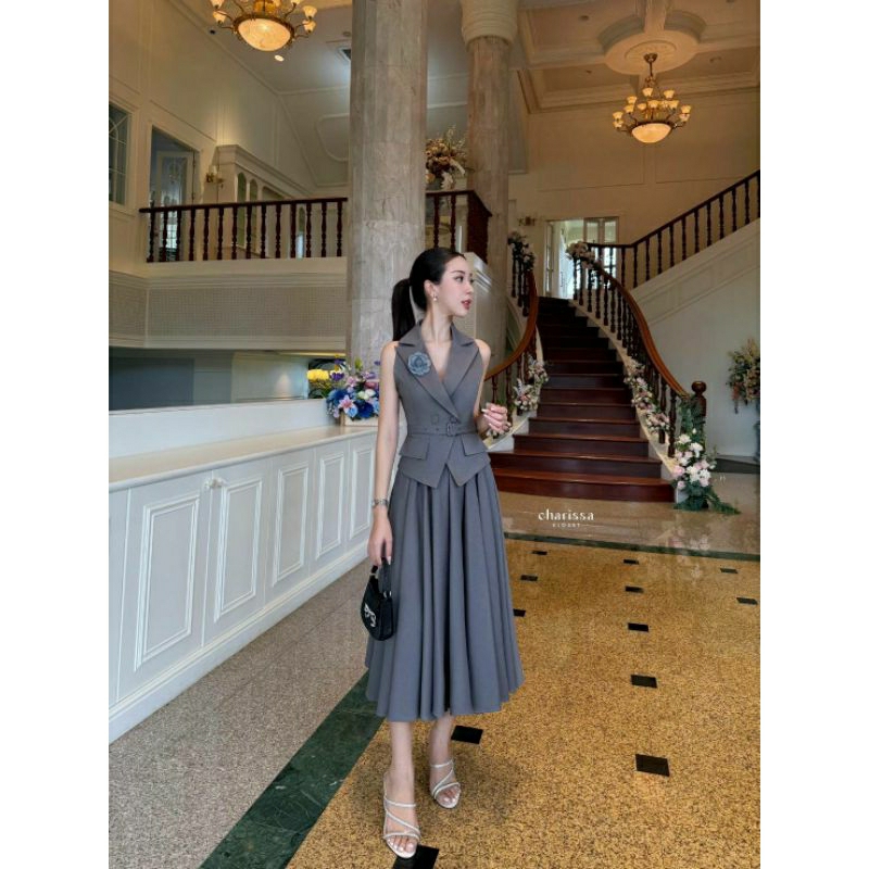 (S-XL)  CHARISSA 📣พร้อมส่งเซ็ทเสื้อแขนกุด+กระโปรงยาว+เข็มขัด+เข็มกลัดดอกไม้ทรงสวยเข้ารูปเนื้อผ้าอย่างดี - รูปที่ 5