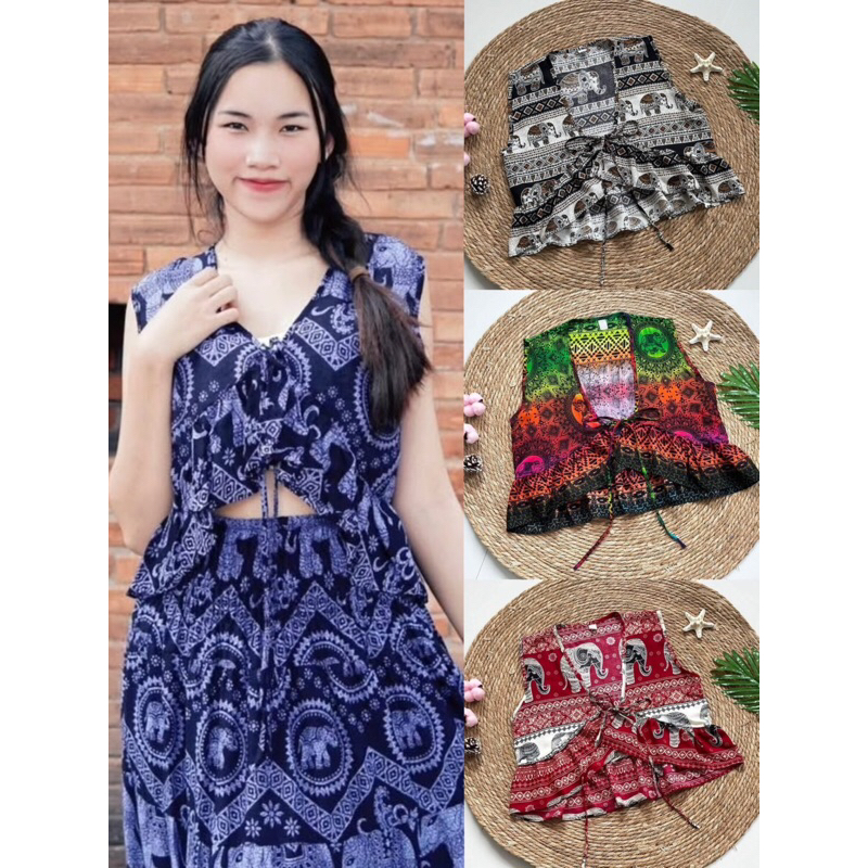 เสื้อระบายมินิ  (ลายช้าง) มีเชือกผูกด้านหน้า ฟรีไซส์สาวตัวเล็ก สาวอวบใส่ได้ ผ้าสปันเรยอน ใส่สบาย🐘