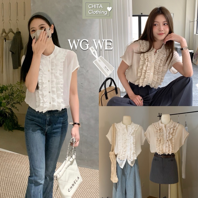 📍พร้อมส่ง ขาว📍3569 เสื้อเชิ้ตแขนสั้น แต่งผ้าช่วงอก งานผ้าดี ลายผ้าสวย สีสวย  𝐓𝐀𝐆:𝐖𝐆𝐖𝐄🇰🇷