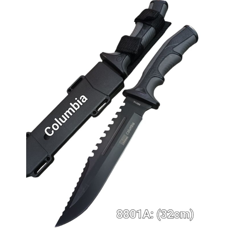 อุปกรณ์เดินป่าแบบพกพาด้ามเทาใบดำปลอกพลาสติกมีดพก:Columbia:8801A:(32cm)มีดพกพาเดินป่าใช้งานอเนกประสงค์