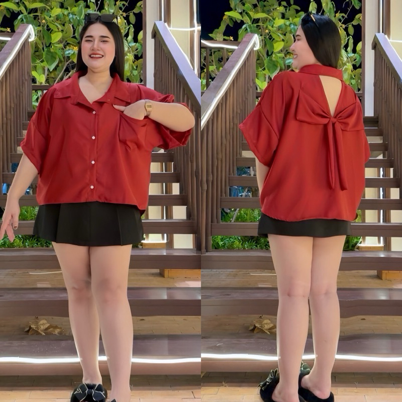 #138(ส่งเร็ว)เสื้อเชิ้ตกิมมโนโบว์หลังแขนสั้น ผ้าไหมอิตาลี ทรงโอเวอร์ไซส์ Bigsize Women เชิ้ตสาวอวบ Oversize