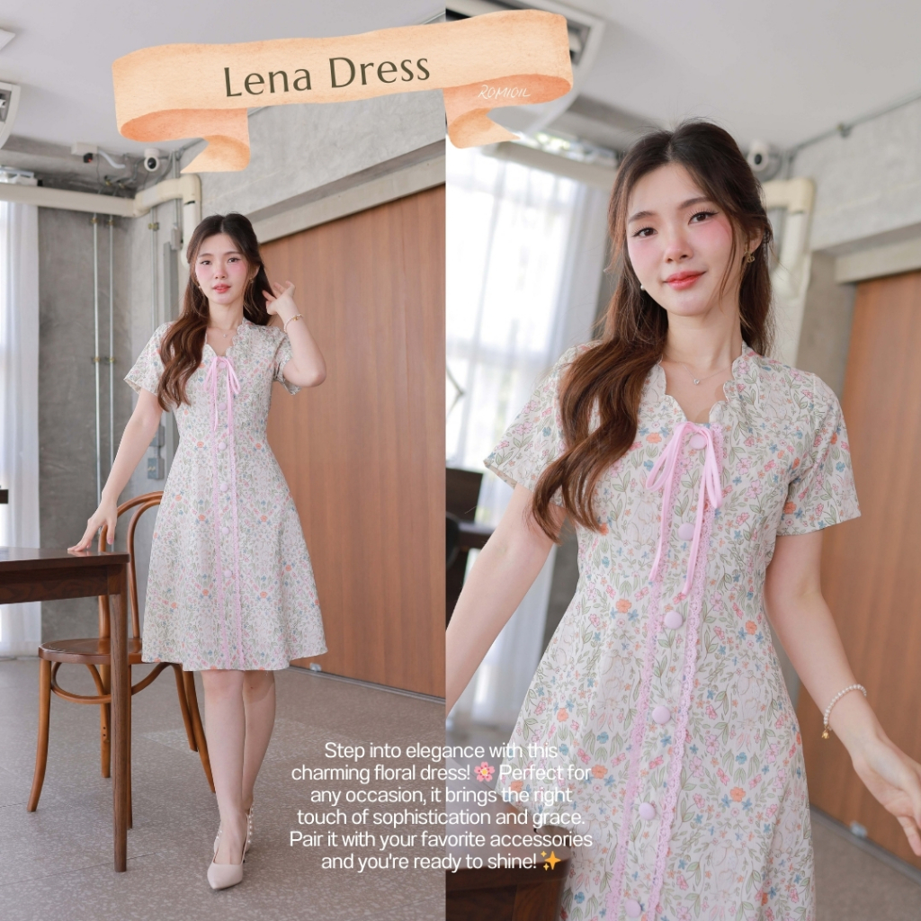 Romi"Oil" Lena Dress (Green) K116 ชุดเดรสสีเขียว (คอวีแต่งกระดุมหน้า)(ไม่มีป้ายแบรนด์ Romi"Oil")