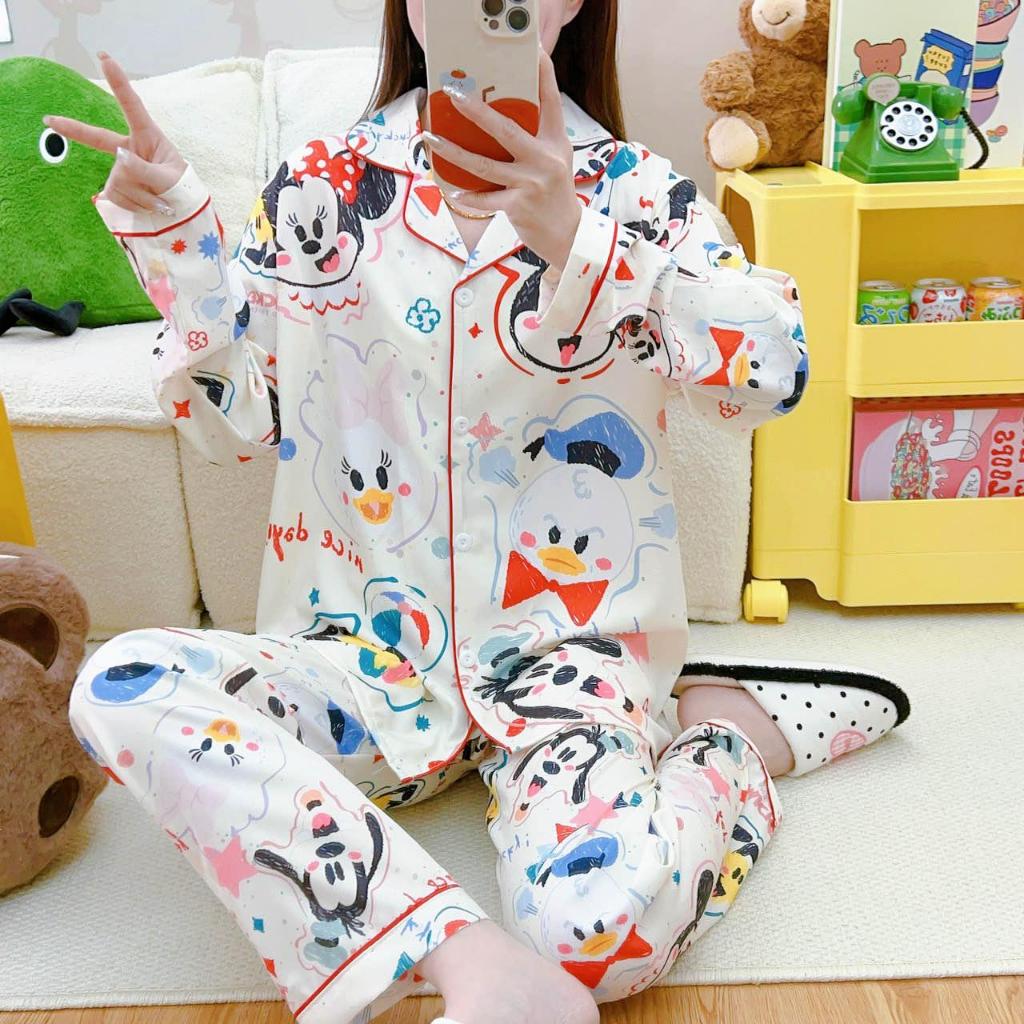 พร้อมส่ง ชุดนอนผ้าไหมพรีเมี่ยมฟรีไซส์ (แขนยาว-ขายาว)