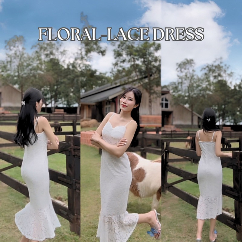 KANYA - FLORAL-LACE DRESS[2003] เดรสสายเดี่ยวผ้าลูกไม้ มีบราในตัว สายปรับความยาวได้ (7J) / (9J)