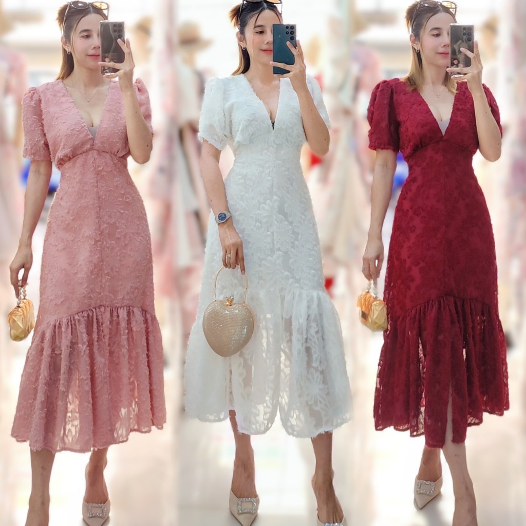 #204# Maxi Dress Mermaid แขนยกไหล่ตั้งสวยสง่า ชายกระโปรงระบายหางปลาดีเทล อกวีลึกแซ่บม๊ากก