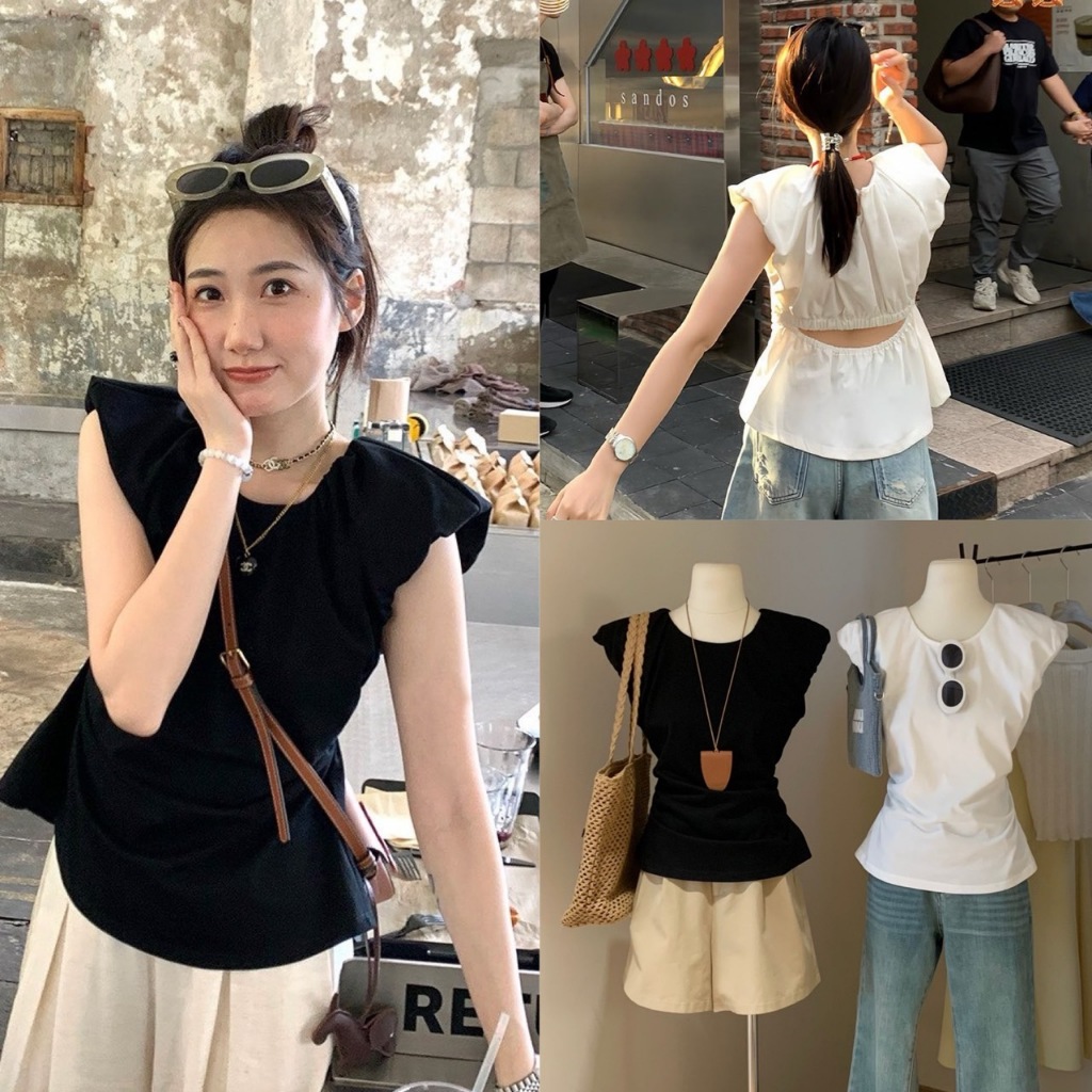 W3471 เสื้อแขนกุด แต่งแขน ด้านหลังเว้ามียางยืด ทรงเกาหลี ทรงน่ารัก แฟชั่นเกาหลี TAG WG.WE