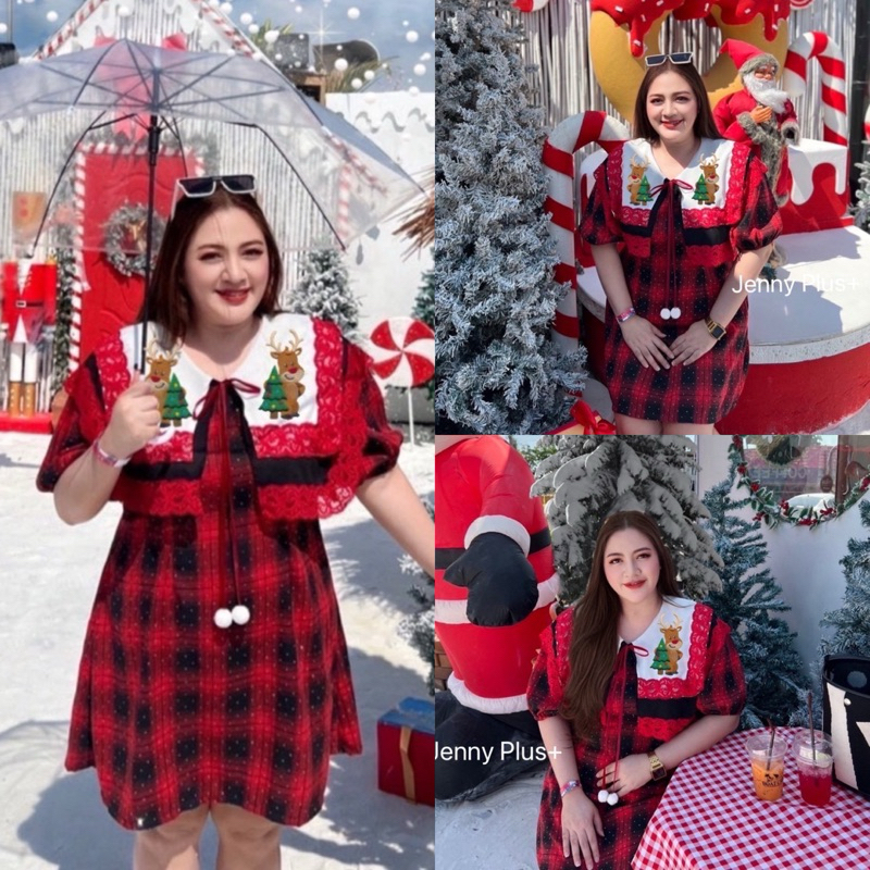 Scotch Red Dress เดรสสก๊อตแดงเพชร เดรสสั้นลายสก๊อตแดง เนื้อผ้าติดเพชร ปกใหญ่ 2 ชั้น ขอบลูกไม้แดงสาวอวบป้ายเจนนี่