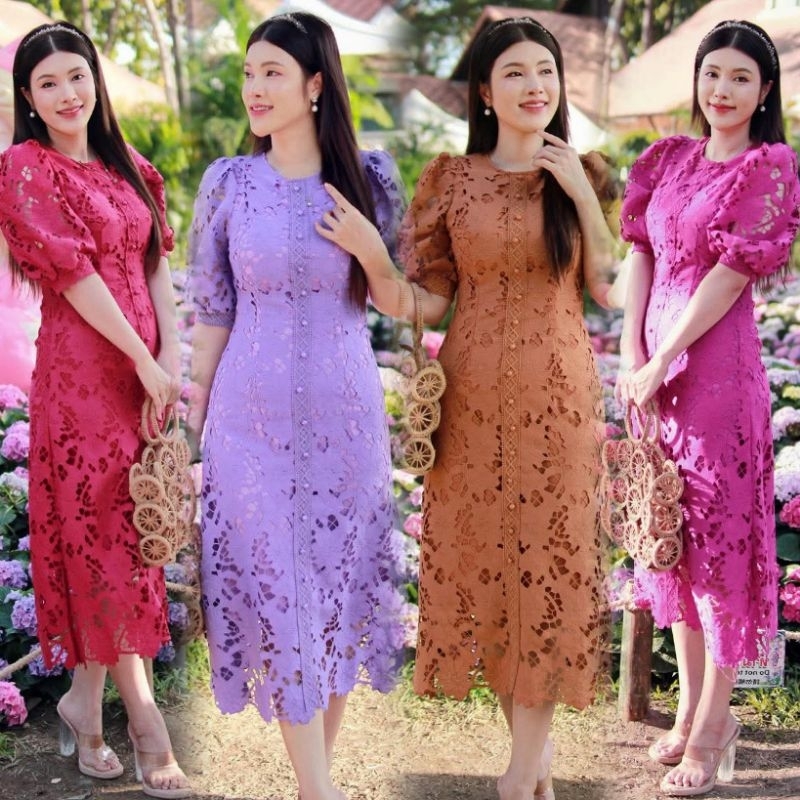 เดรสสีคัลเลอร์ฟูมี7สี!!! M-6XL Maxi Dress เดรสลูกไม้ปักฉลุลายแต่งกระดุมหน้ายาว งานป้าย DNY