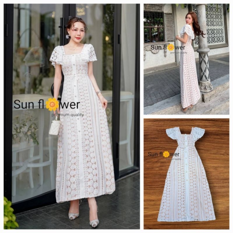 4410 มีS,2xl[ปกติ]ยาว51"เดรสยาวลูกไม้ทรงเรียบหรูโทนขาว