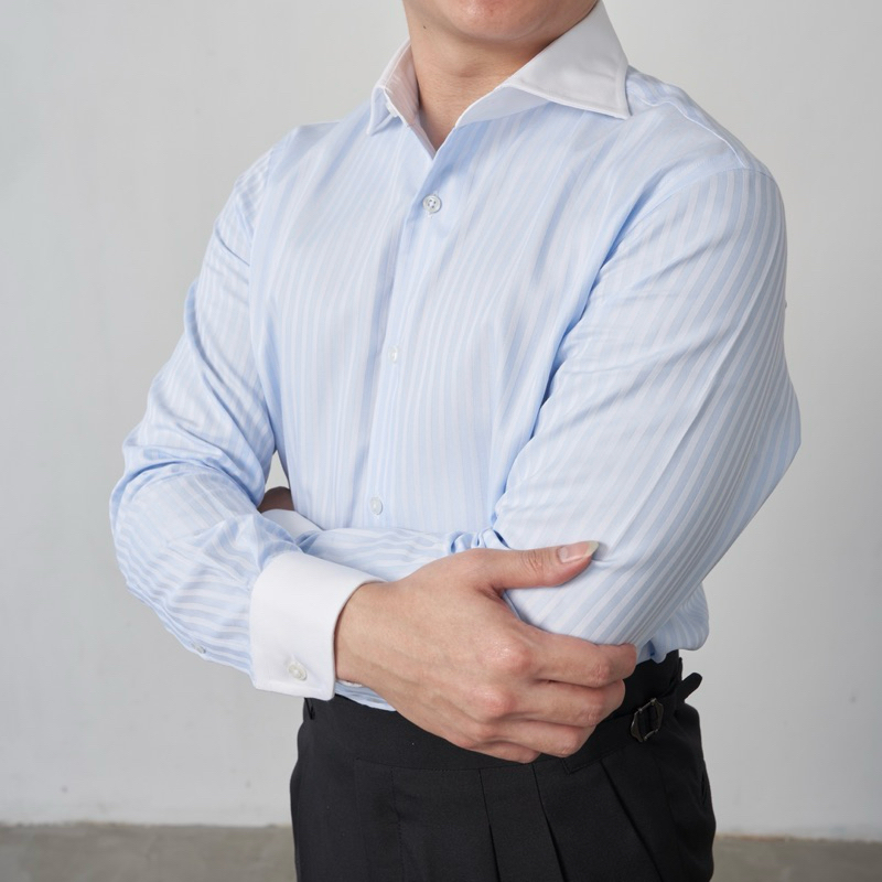 The Finery - The Windsor Pita Shirt in Blue Herringbone เสื้อเชิ้ต Formal ผู้ชาย ปก Italian Cutaway