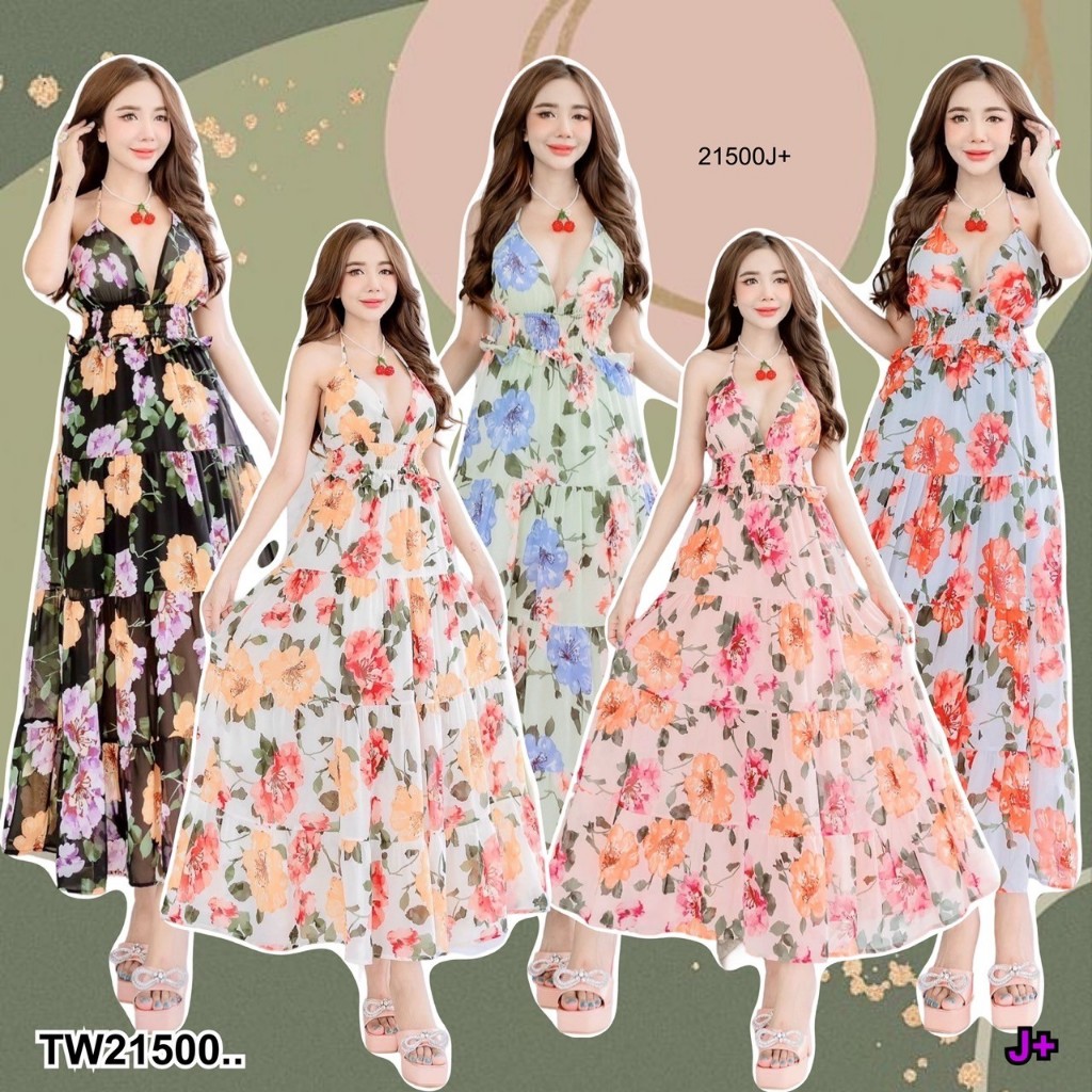 CS21500 เดรสยาว แขนกุด สายคล้องคอผูกโบว์ กระโปรงระบาย 4 ชั้น ..