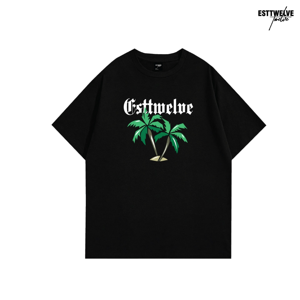 เสื้อยืด ESTTWELVE แขนสั้น ทรงไหล่ตก ตะเข็บเดี่ยว สกรีนโลโก้ รุ่น ESTTWELVE COCONUT หน้าอก สีดำ ผ้า USA. Cotton100%