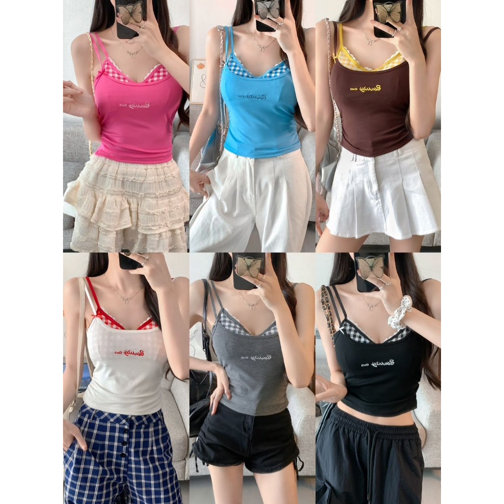 SP-6 เสื้อสายเดี่ยว เสื้อแฟชั่น สไตล์น่ารักเซ็กซี่ เสื้อในลายสก็อต เสริมฟองน้ำ สินค้าพร้อมส่ง