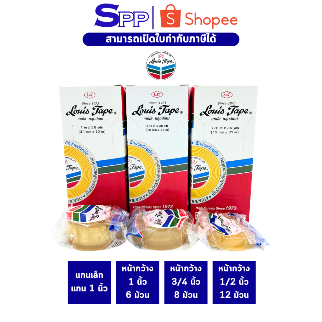 หลุยส์เทปแกนเล็ก Louis Tape เทปใส เทปหลุยส์ 3/4 นิ้ว, 1/2 นิ้ว, 1 นิ้ว x 36 หลา