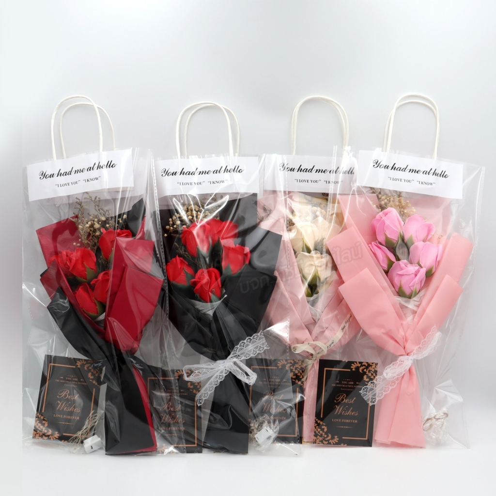 K-002 ช่อดอกกุหลาบประดิษฐ์ พร้อมถุงถือ วันวาเลนไทน์ มีไฟเส้นLED ช่อดอกไม้แห้ง มีให้เลือกสี พร้อมส่ง - รูปที่ 5