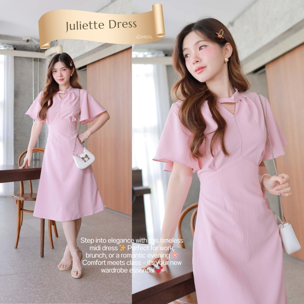 Romi"Oil" Juliette Dress (Ping) J613 ชุดเดรสสีชมพู (สีพื้นคอสามเหลี่ยมแขนระบาย)