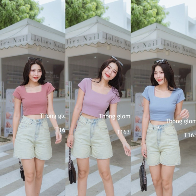 เสื้อยืดแขนสั้นคอเหลี่ยม ทรงสวย ผ้าคอตตอนยูนิอย่างดี