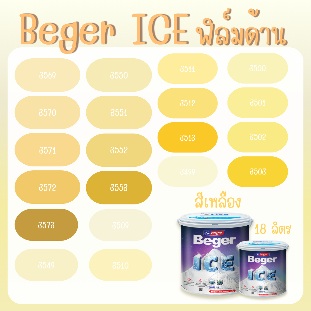 Beger สีเหลือง ด้าน ขนาด 18 ลิตร Beger ICE สีทาภายนอก และ สีทาภายใน  กันร้อนเยี่ยม เบเยอร์ ไอซ์ สีบ้
