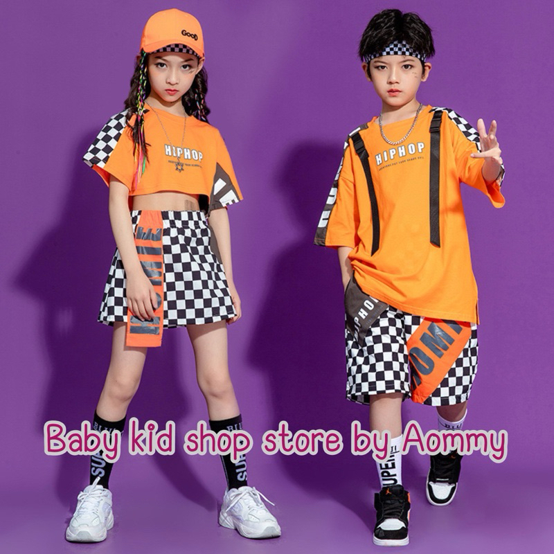 (สินค้าพร้อมส่งในไทย) ชุดเซตฮิปฮอป แจ๊สแดนซ์สีส้มดำ Street Dance ลีดเดอร์ ชายหญิงอินเทรน