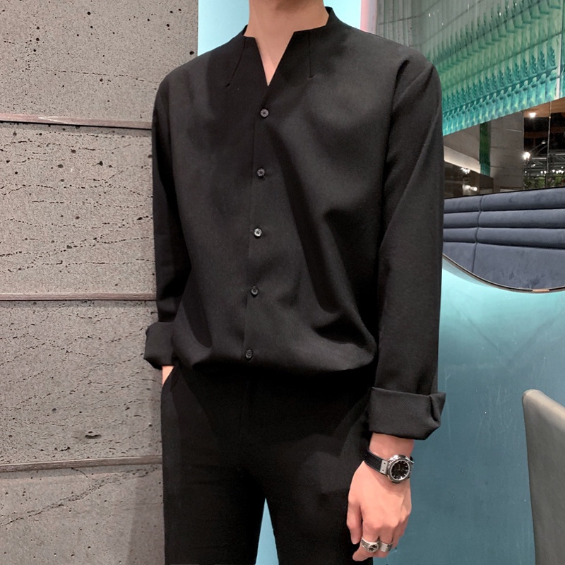 S13 เสื้อเชิ้ตคอวีตะเข็บ แขนยาว สีพื้น สไตล์เกาหลี