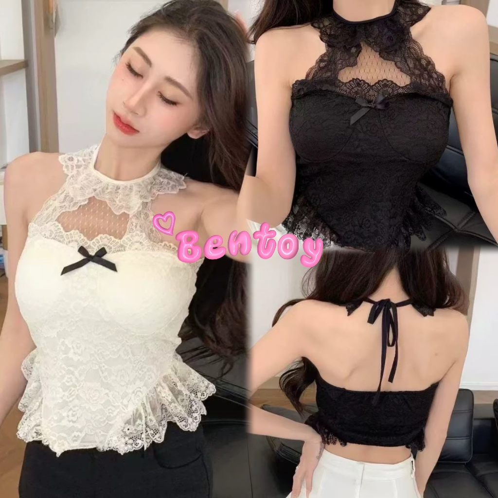 Bentoy (bratopKD244) เสื้อเกาะอกรัดรูป เสริมฟองน้ำในตัว แต่งลูกไม้หน้าอก เซ็กซี่เบาๆ