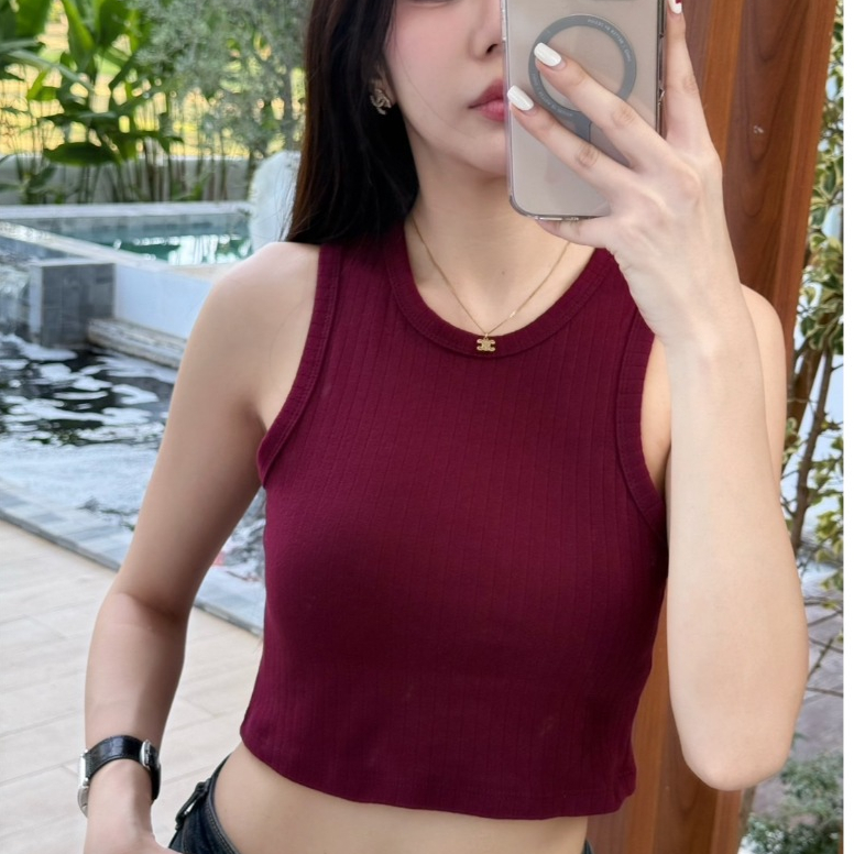 PP0223 เสื้อกล้ามครอปคอกลม ผ้าร่อง Women Clothing
