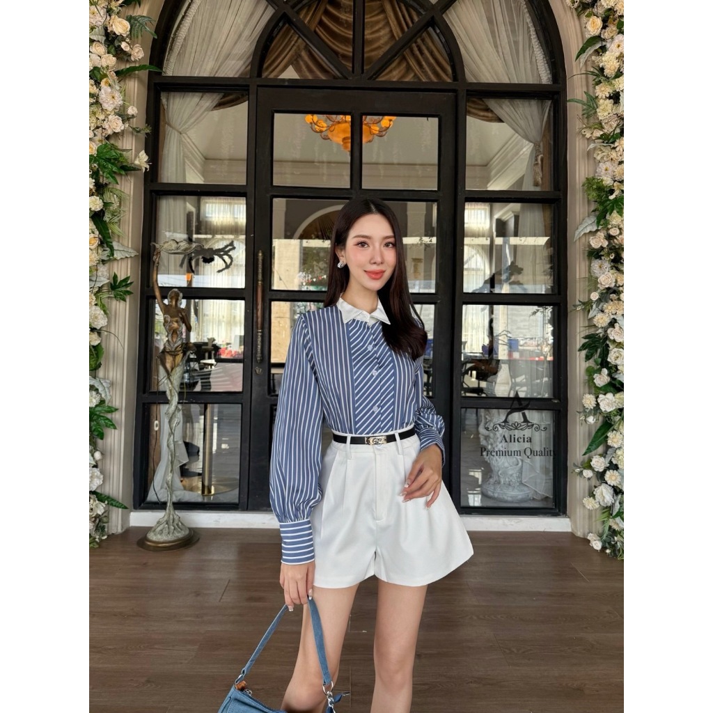 ABIGAIL BRAND ABG181 เซต 3 ชิ้น เสื้อเชิ้ตลายทาง มาพร้อม กางเกงขาสั้น และ เข็มขัด