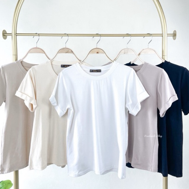 เสื้อยืดคอกลม แขนพับสีพื้น ผ้าคอตตอนยูนิ สำหรับผู้หญิง - Clothing