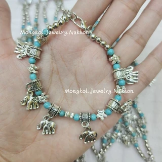 สร้อยข้อมือห้อยช้าง เงินล้วน สลับหินนำโชคสีต่างๆ