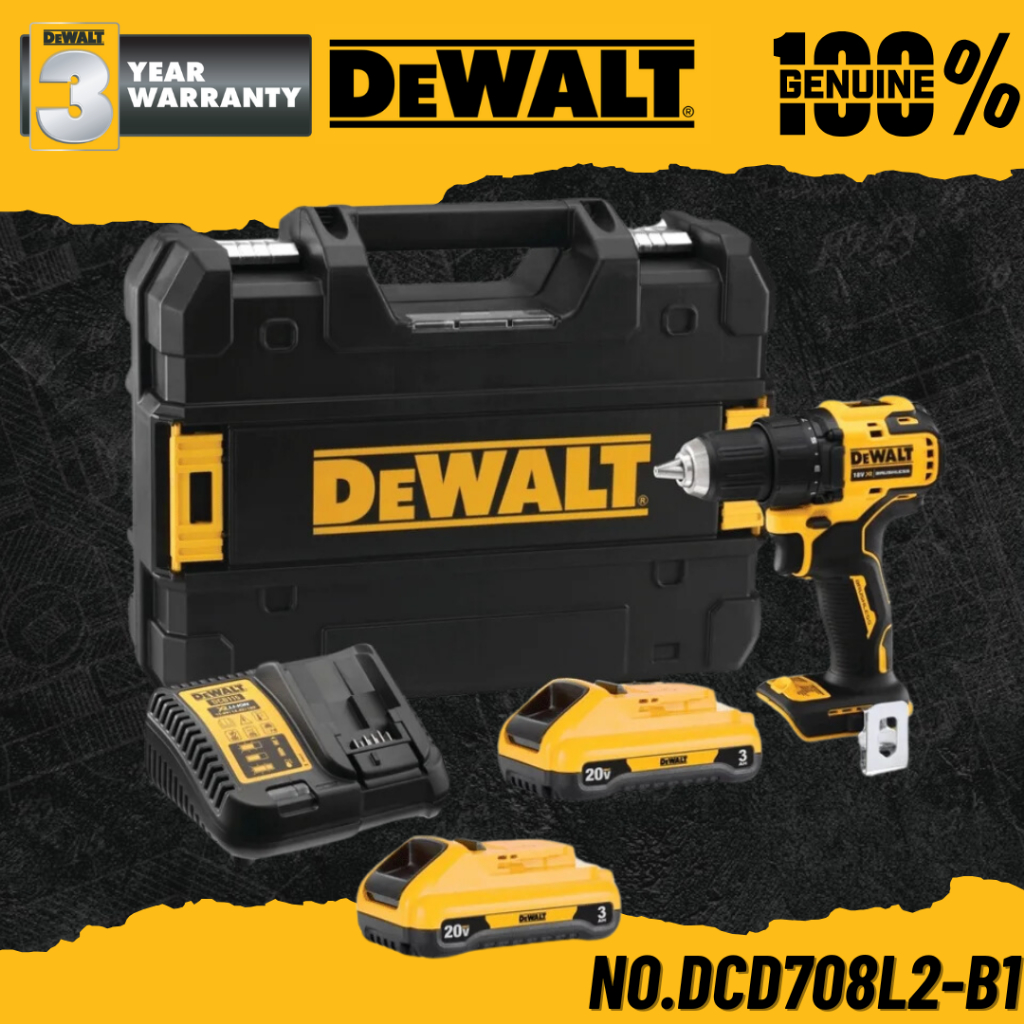 DEWALT สว่านไร้สาย Atomic ไร้แปรงถ่าน 20V ครบชุด พร้อมแบตเตอรี่ 3.0Ah No.DCD708L2-B1