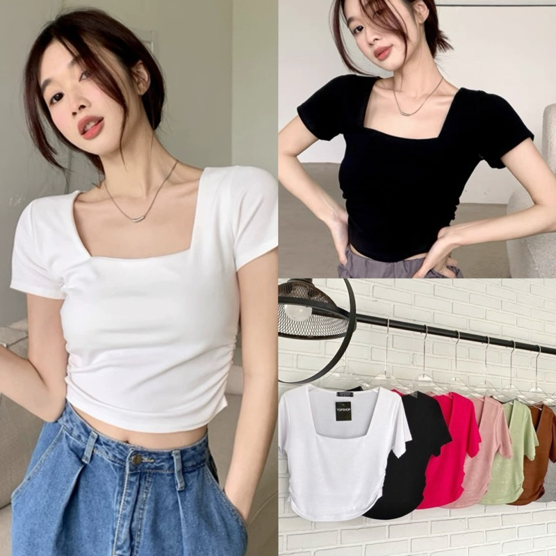 เสื้อครอปแขนสั้นคอเหลี่ยม ผ้าเรย่อน ป้ายTOPSHOP