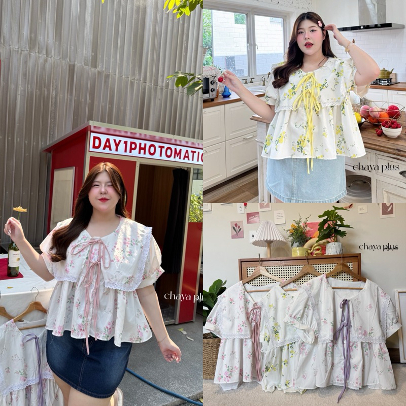 เสื้อเชิ๊ตคอปกแต่งลูกไม้ เนื้อผ้าครัชปริ๊นดอกไม้ ตกแต่งเชือกผูกน้องโบว์ที่อก งานน่ารักมาก plussize สาวอวบ