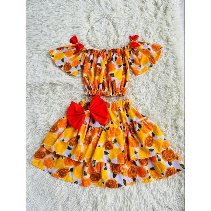 เซ็ต 2 ชิ้น ลายดอกเสื้อปาดไหล่แต่งโบว์ ทองกวาง กระโปรง2ขั้น - รูปที่ 6