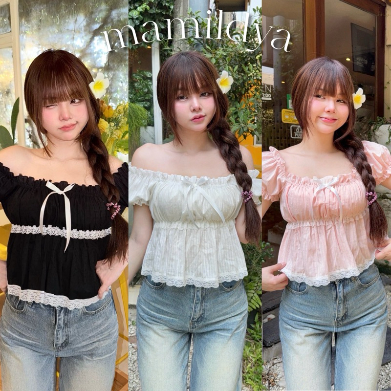 Mamildya.shop เสื้อแขนตุ๊กตา ผ้าคอตตอนทอบาย แต่งระบายลูกไม้/ Q1-2/NUSA-โบว์ขาว