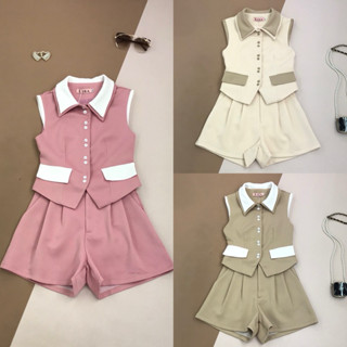 [LISA] A0836 ชุดเซตเสื้อคอปกแขนกุดกระดุมหน้าแต่งกระเป๋ากางเก…