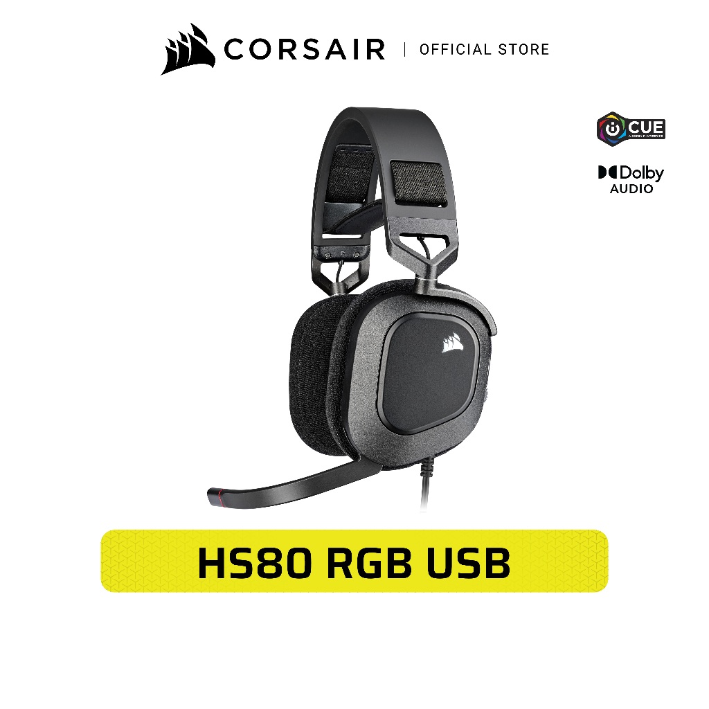 CORSAIR Headset HS80 RGB USB Wired Gaming Headset — Carbon - หูฟังเกมมิ่งมีสาย สีดำ