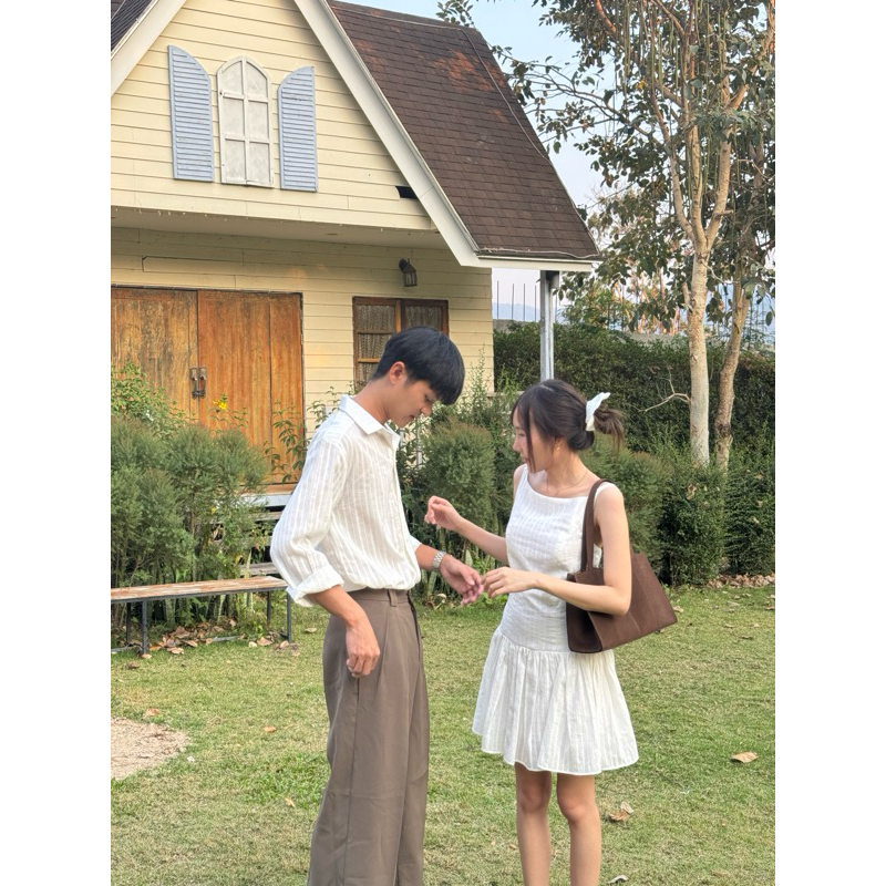 2pcs - Couple Dobby Mini Dress เสื้อคู่มินิเดรส (มินิเดรส + เสื้อเชิ้ตผู้ชายแขนยาว ผ้าคอตตอนทอลาย)