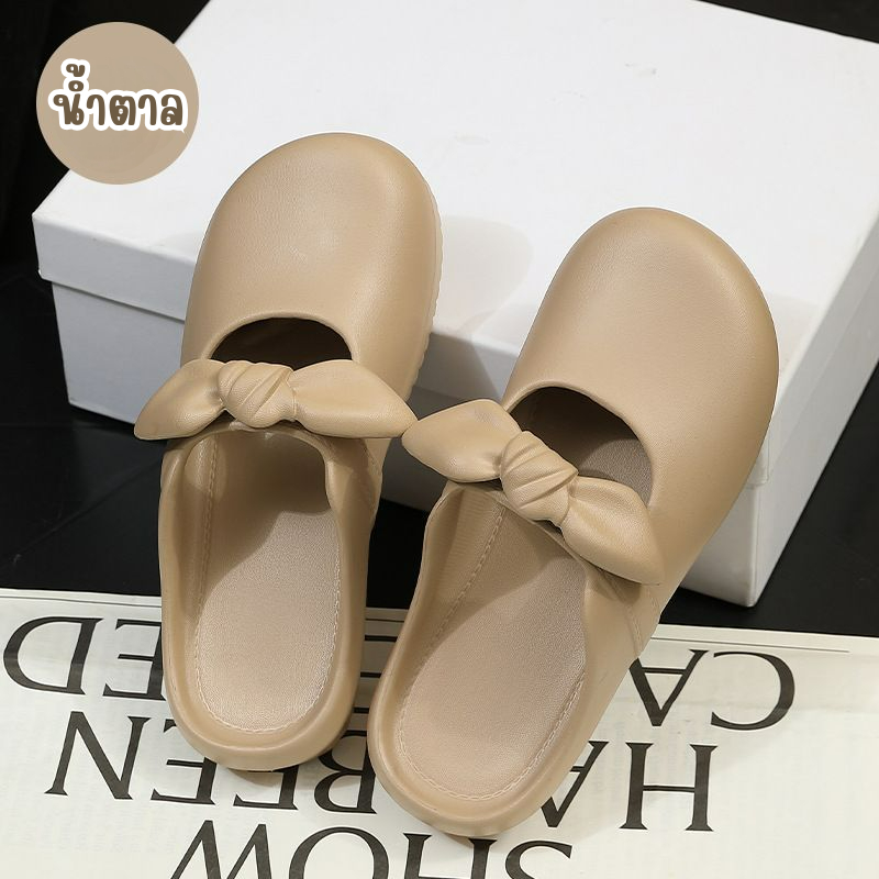 รองเท้าคัชชูเปิดส้นแฟชั่นผู้หญิง แต่งด้วยโบว์ผูก น้ำหนักเบา ใส่สบาย แนะนำ+เพิ่ม1ไซส์