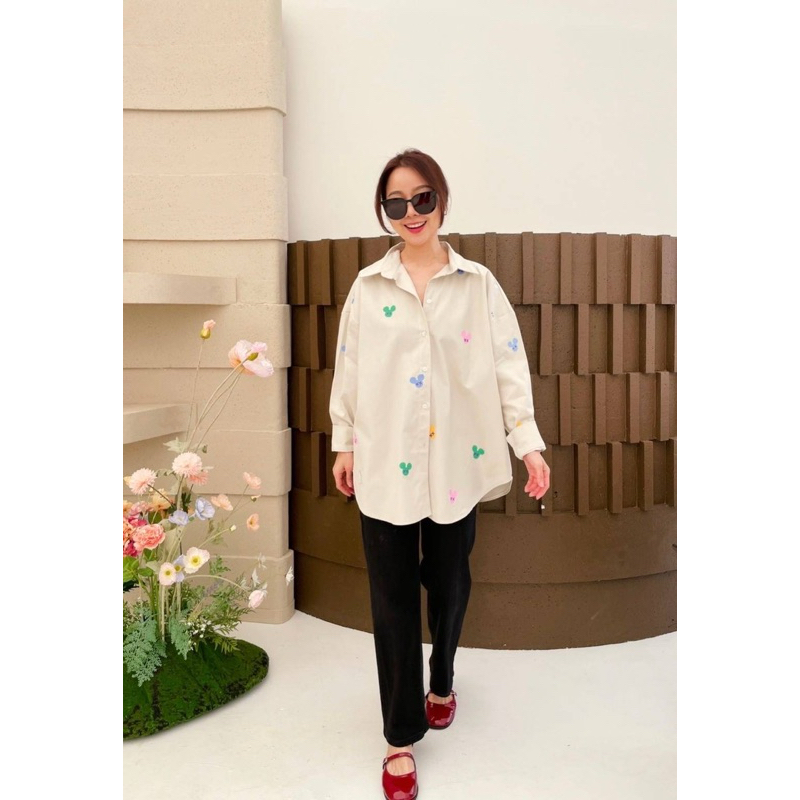 Mini Mickey heart flower oversize shirt.เสื้อเชิ้ตโอเวอร์ไซต์ สกรีนลายเก๋ สไตล์เกาหลี - รูปที่ 5