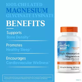 Doctor’s Best Magnesium 200mg – High Absorption Lysinate Glycinate, 240 Tablet (No.748)