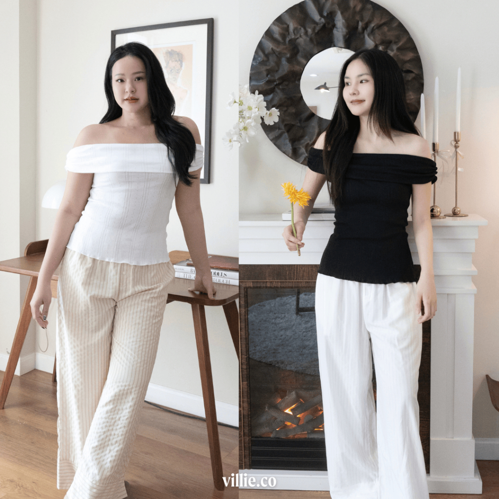villie Soufflé Top เสื้อปาดไหล่แขนสั้น ผ้า Pointelle นุ่มลายฉลุในตัว