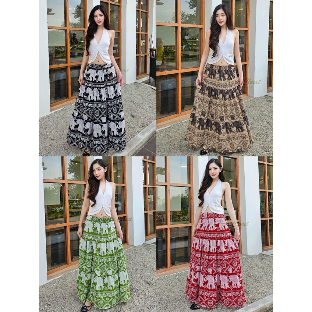 COM514 TARA SKIRT กระโปรงช้างยาว ลายธารา เอวสูง ทรงบอลลูน  สม็อครอบเอว ผ้าไหมอิตาลี ผ้าดี ใส่สบาย ลายไม่กลับหัว