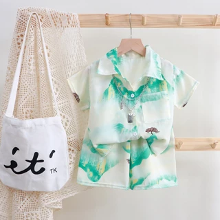 ชุดเสื้อเช็ตเด็ก ชุดเสื้อเช็ตลาย ลายมัดย้อม ผ้าชีฟอง ใส่เย็นสบาย #130001