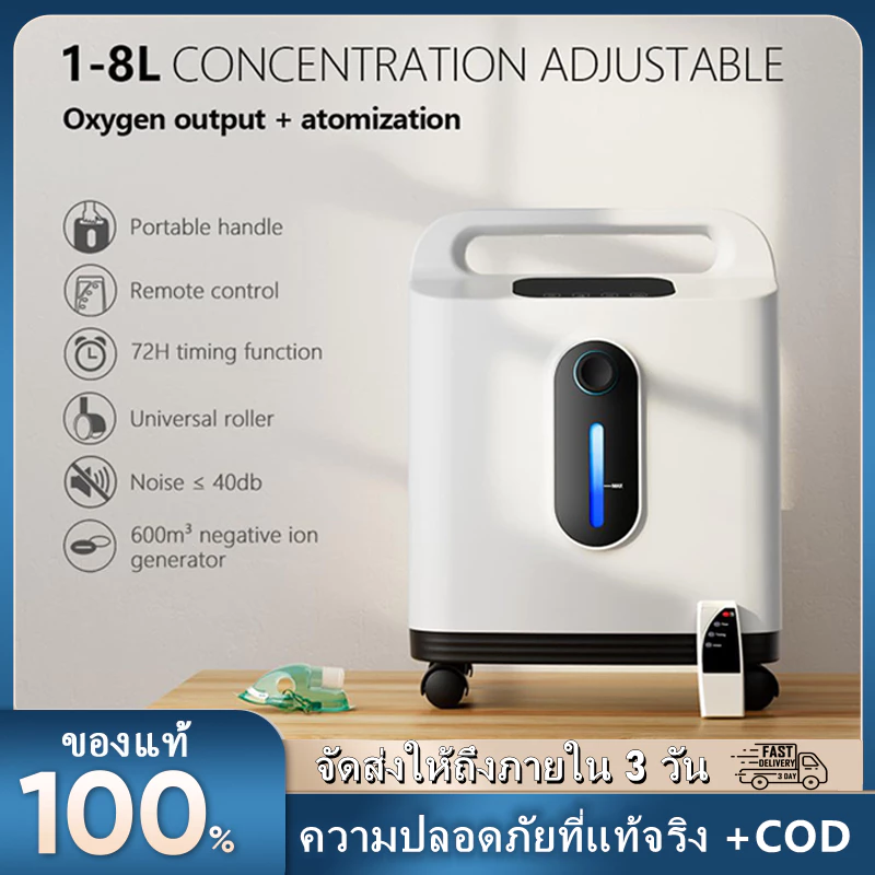 VARON เครื่องผลิตออกซิเจน ขนาด 1-8 ลิตร/นาที ปรับความเข้มข้นได้ 93% ± 3% พกพาสะดวกด้วยมือจับ สำหรับใช้ที่บ้าน