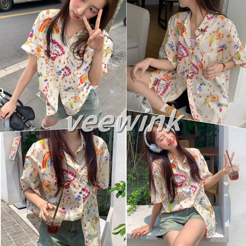Veewink เสื้อเชิ้ตฮาวายผู้หญิง เสื้อเกาหลีลายดอกทรงหลวมแฟชั่น พริ้ว สวย แขนสั้น Oversize