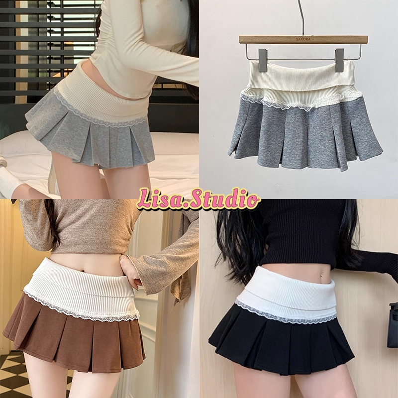 Lisa🌈พร้อมส่ง🦄กระโปรงสั้นผู้หญิง🐼เอวสม๊อคแต่งลูกไม้ ทรงรัดเอว กระโปรงพลีทสั้นสุดฮิต เนื้อผ้าดี เซ็กซี่แซ่บ ใส่ไปทะเล