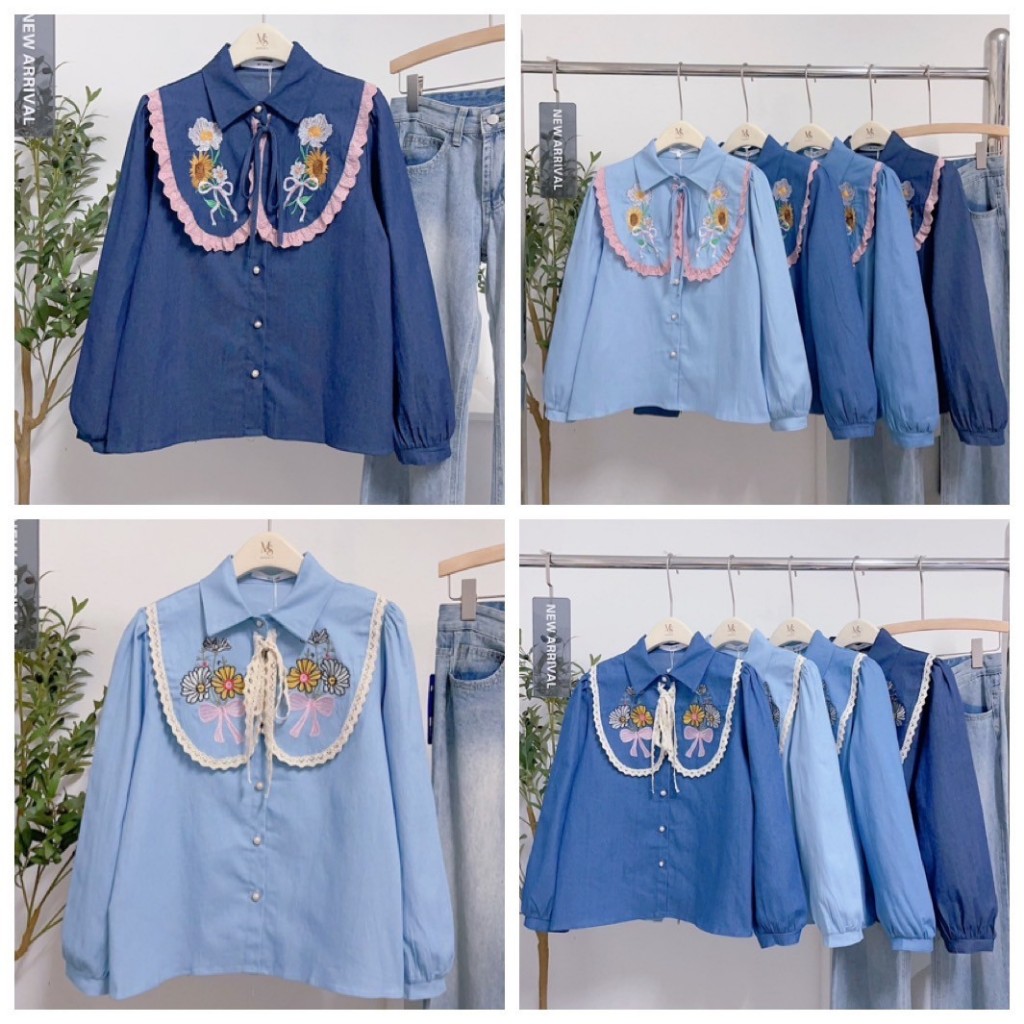 ป้าย My SHOP เสื้อผ้ายีนส์นิ่มปักดอกไม้แต่งโบว์ผูก อก 42 นิ้ว ยาว 24 นิ้ว