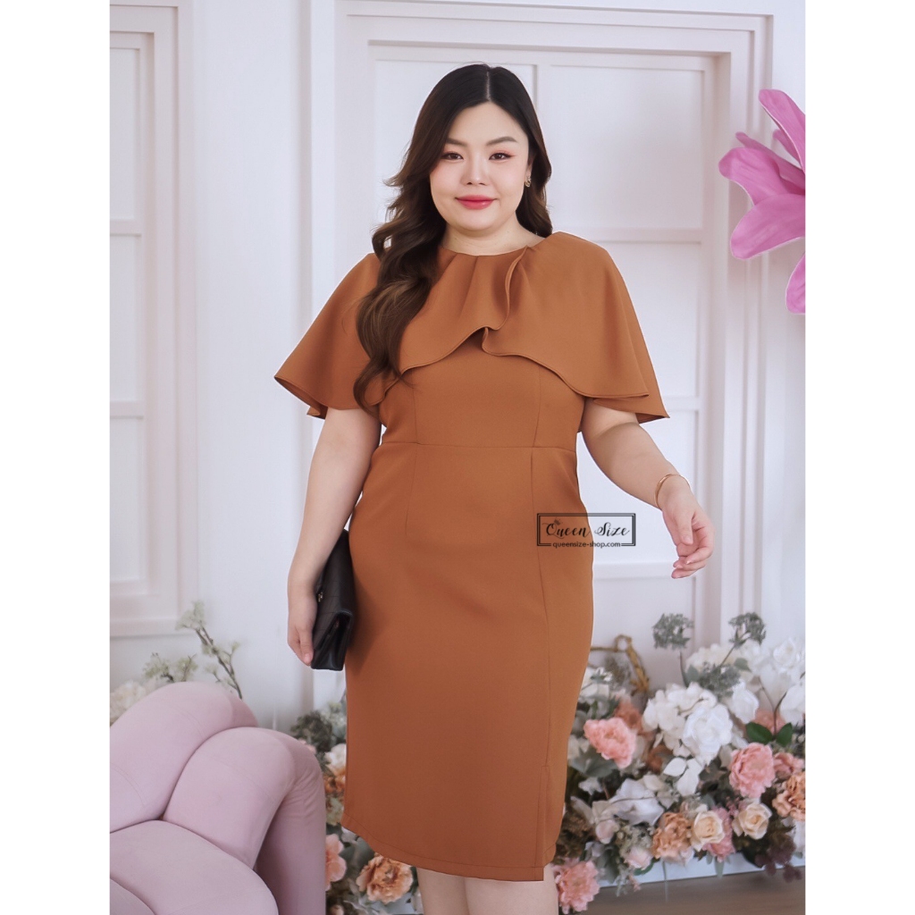 Maya-สีน้ำตาล Plus size Fashion อก40 42 44 46 และ 48 เสื้อผ้าไซส์ใหญ่ ชุดเดรสแฟชั่นสาวอวบคนอ้วนใส่ไปงานขาวดำหรือทำงาน