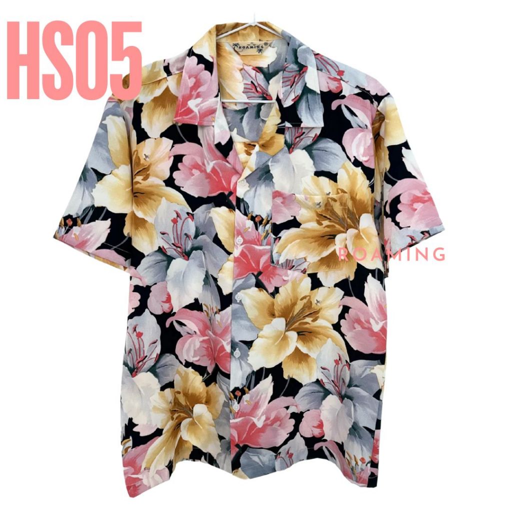 ROAMING HS05 เสื้อฮาวาย ผ้าไหมอิตาลี เสื้อครอบครัว Italian Silk Hawaiian Shirts (ลายดอกไม้ดำ F03)