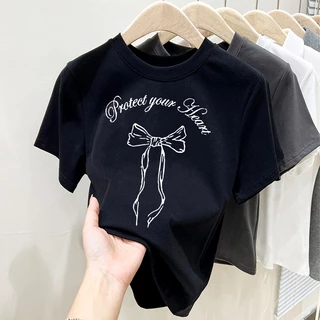 🎀🎀เสื้อโบว์ ผู้หญิง เสื้อยืด oversize คอกลมแขนสั้น พิมพ์ลายน่ารัก แฟชั่่นเสื้อสวยๆ สีพื้น สีขาว-สีดำ สำหรับผู้หญิง